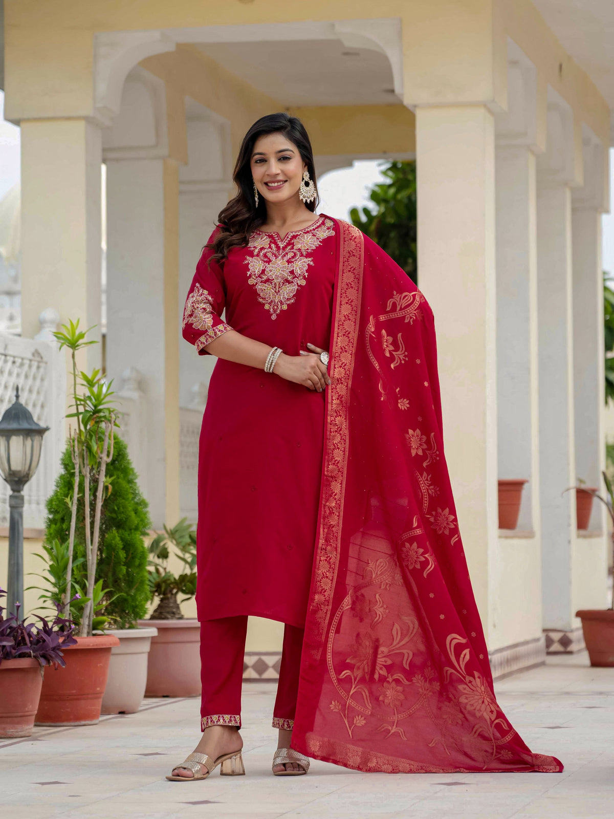 Sonakshi Women's Maroon Premium Roman Silk Coding Embroidered Work Kurta Set With Dupatta