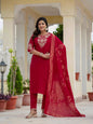 Sonakshi Women's Maroon Premium Roman Silk Coding Embroidered Work Kurta Set With Dupatta