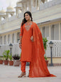 Sonakshi Women's Orange Premium Roman Silk Coding Embroidered Work Kurta Set With Dupatta