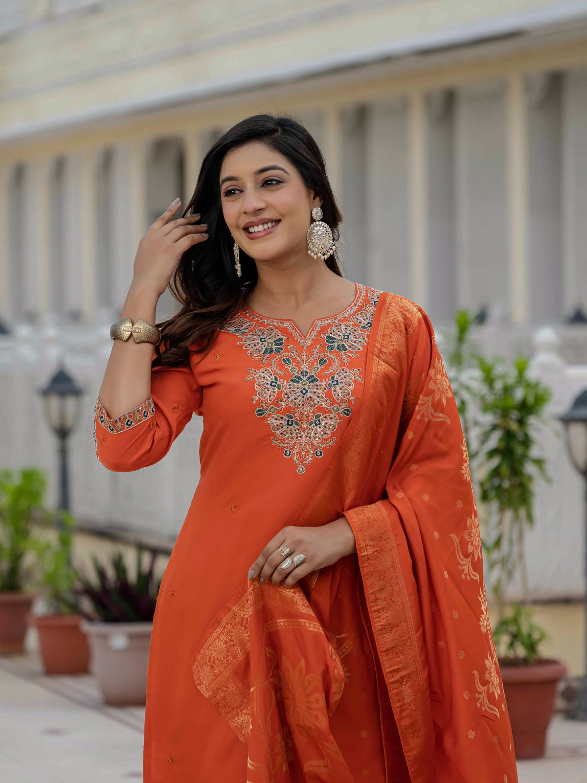 Sonakshi Women's Orange Premium Roman Silk Coding Embroidered Work Kurta Set With Dupatta