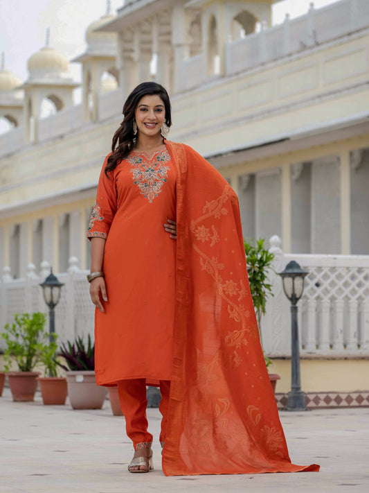 Sonakshi Women's Orange Premium Roman Silk Coding Embroidered Work Kurta Set With Dupatta