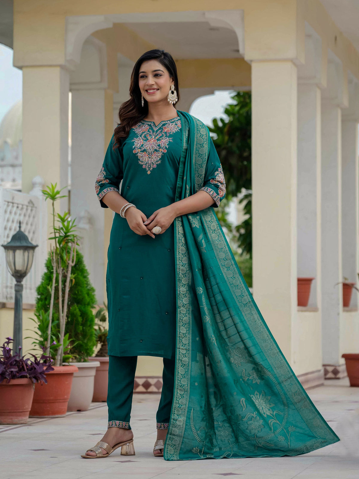 Sonakshi Women's Rama Premium Roman Silk Coding Embroidered Work Kurta Set With Dupatta