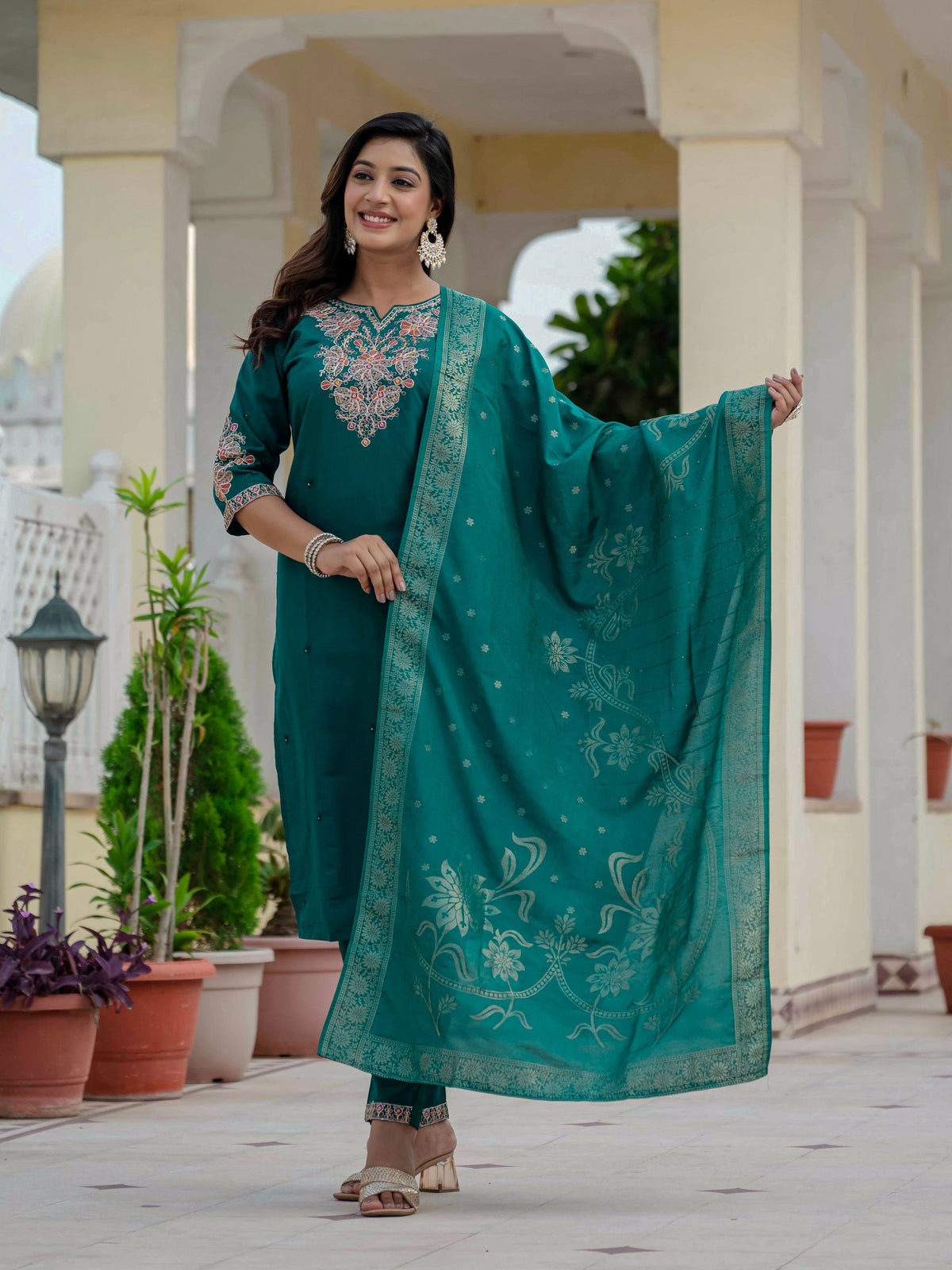 Sonakshi Women's Rama Premium Roman Silk Coding Embroidered Work Kurta Set With Dupatta