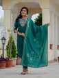 Sonakshi Women's Rama Premium Roman Silk Coding Embroidered Work Kurta Set With Dupatta