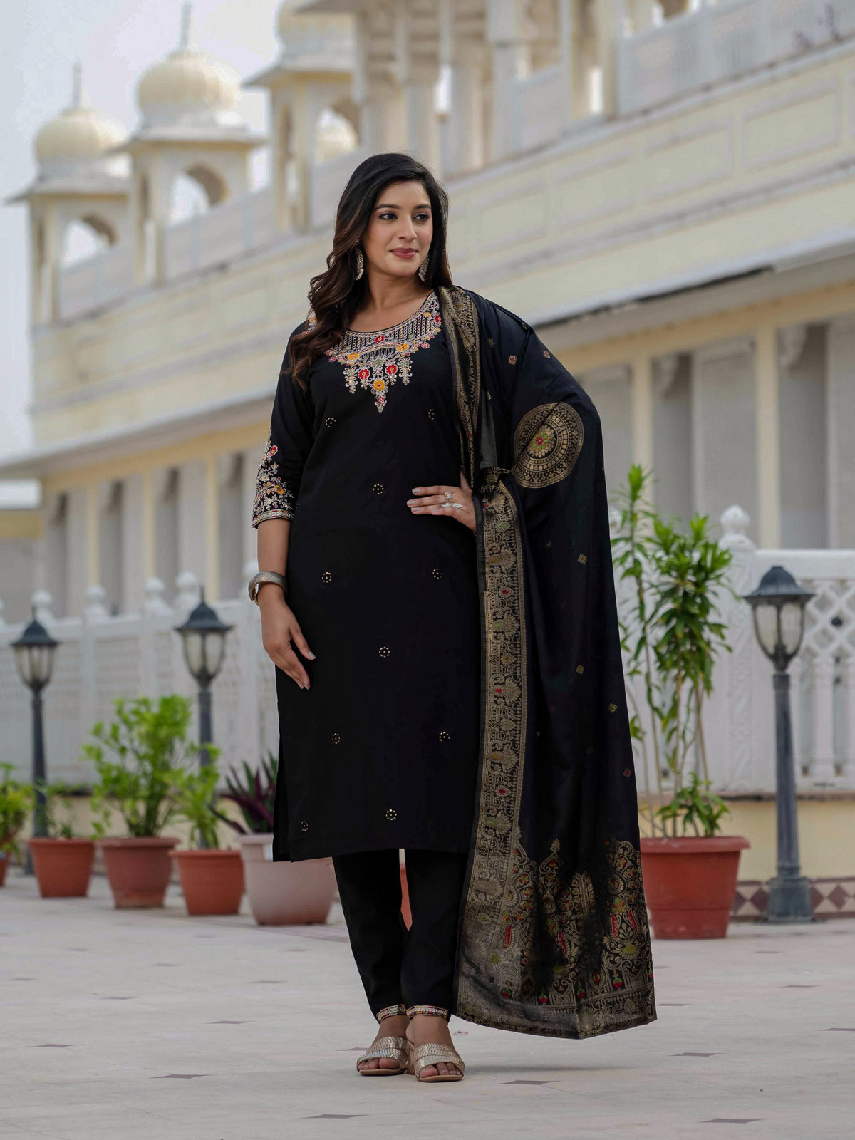 Sonakshi Women's Black Premium Roman Silk Coding Embroidered Work Kurta Set With Dupatta