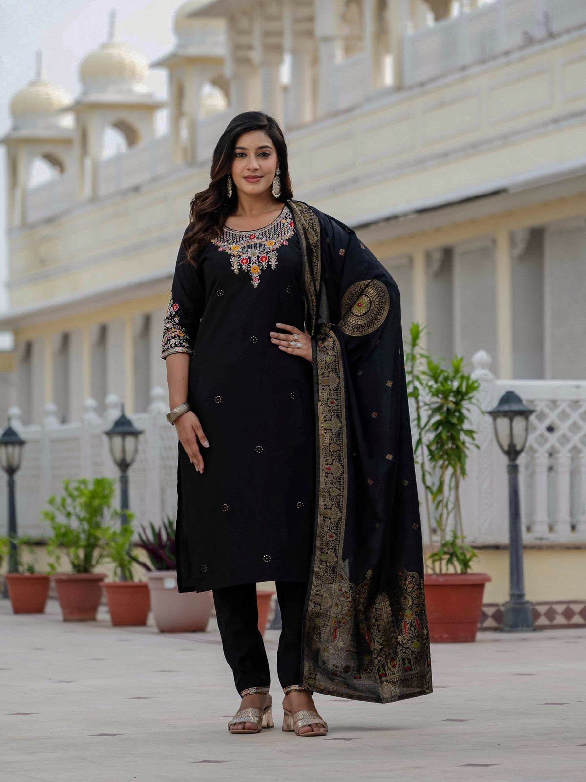 Sonakshi Women's Black Premium Roman Silk Coding Embroidered Work Kurta Set With Dupatta