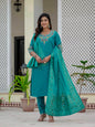 Sonakshi Women's Teal Premium Roman Silk Coding Embroidered Work Kurta Set With Dupatta