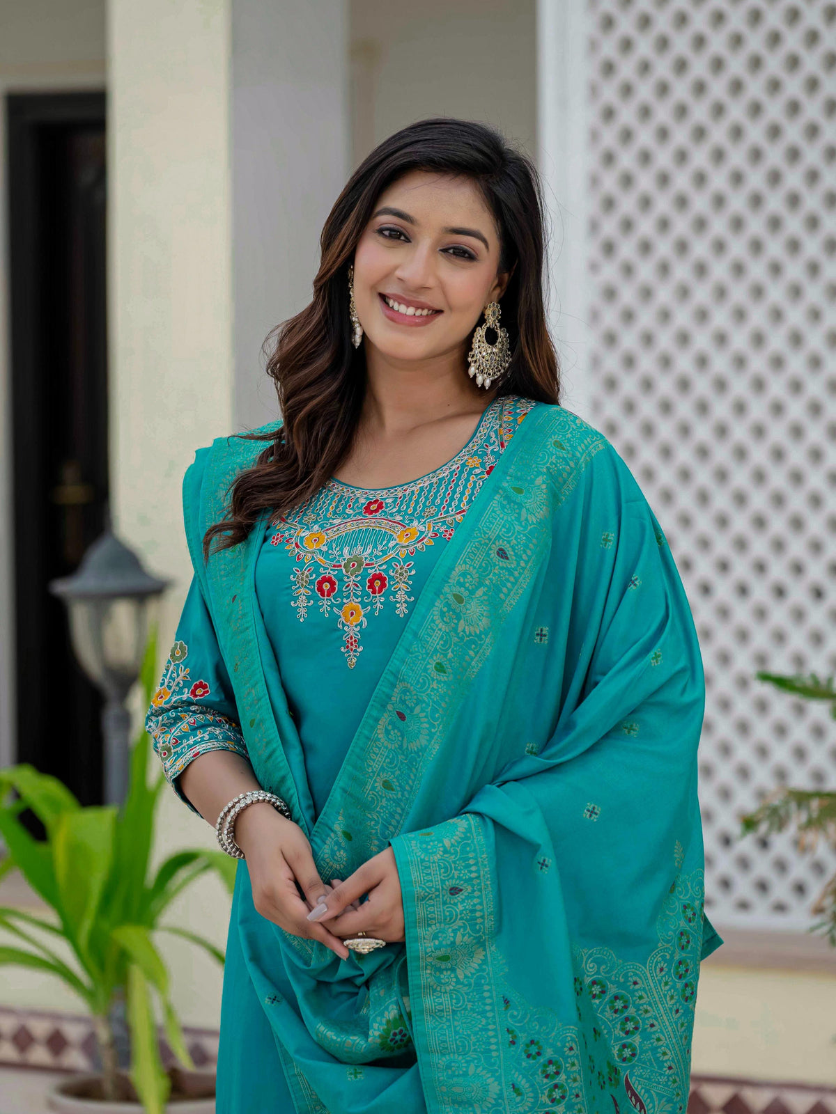 Sonakshi Women's Teal Premium Roman Silk Coding Embroidered Work Kurta Set With Dupatta