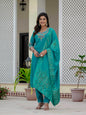 Sonakshi Women's Teal Premium Roman Silk Coding Embroidered Work Kurta Set With Dupatta