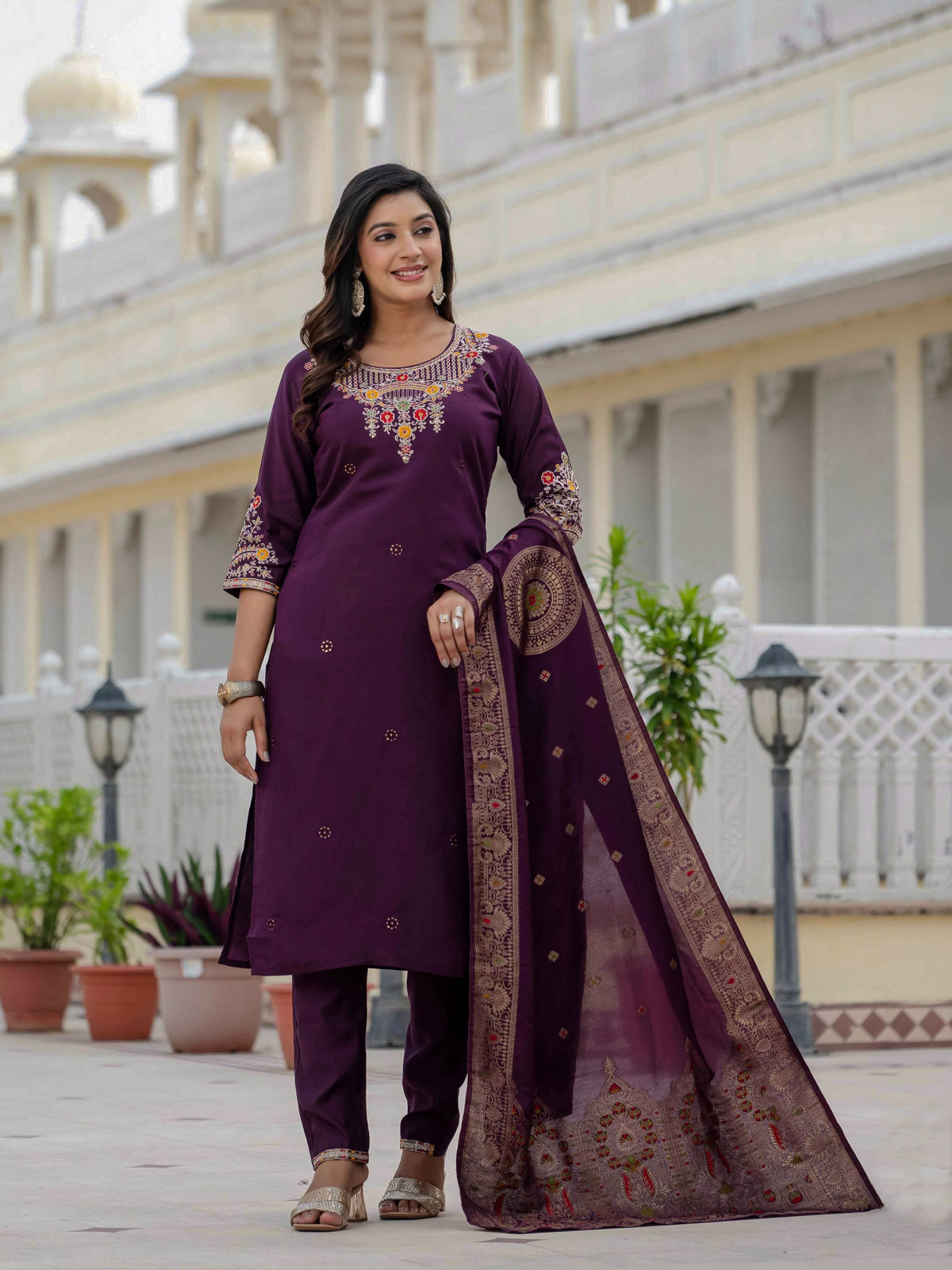 Sonakshi Women's Wine Premium Roman Silk Coding Embroidered Work Kurta Set With Dupatta