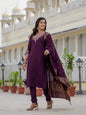 Sonakshi Women's Wine Premium Roman Silk Coding Embroidered Work Kurta Set With Dupatta