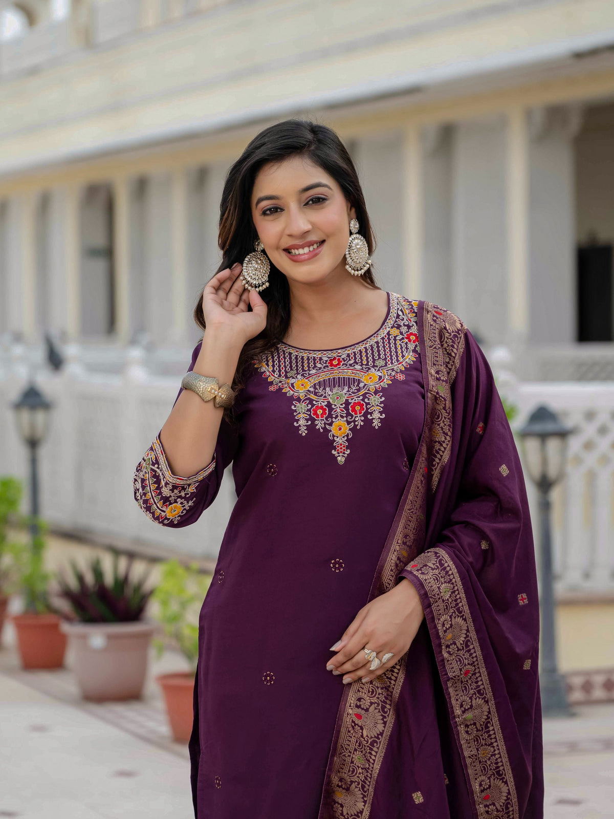 Sonakshi Women's Wine Premium Roman Silk Coding Embroidered Work Kurta Set With Dupatta