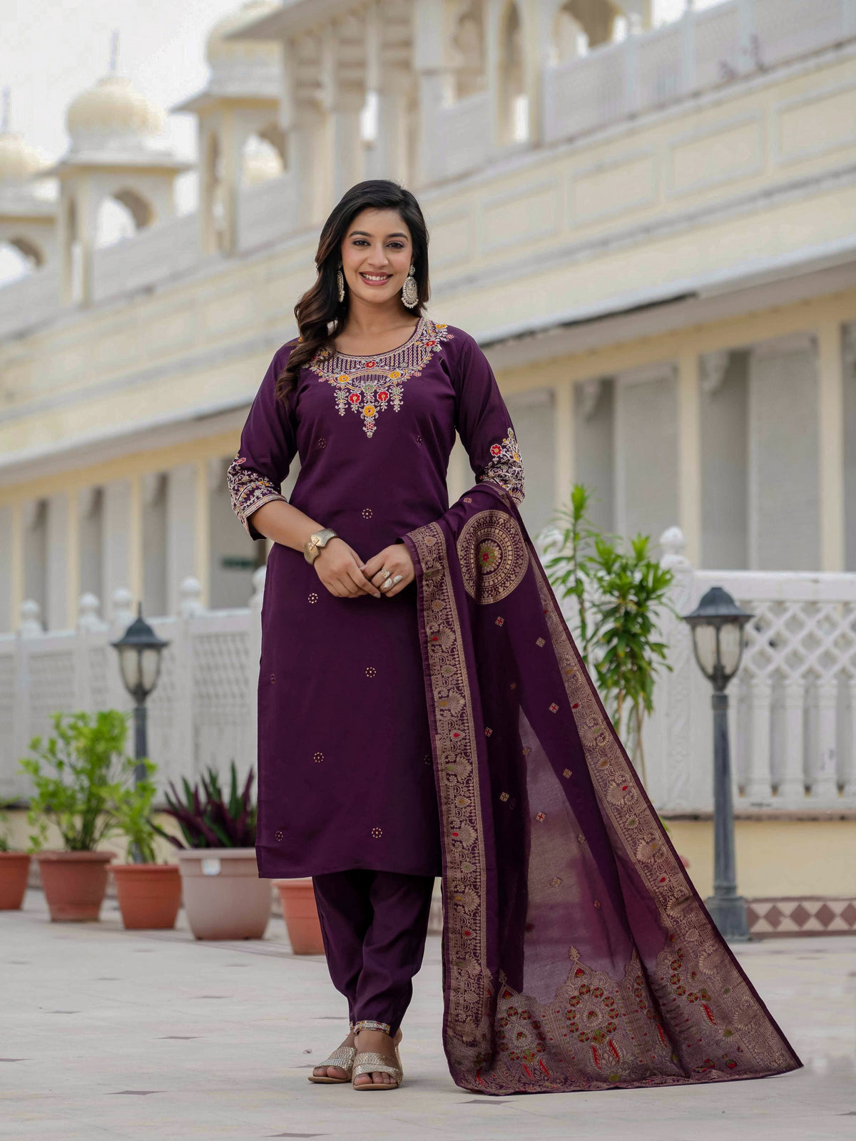 Sonakshi Women's Wine Premium Roman Silk Coding Embroidered Work Kurta Set With Dupatta