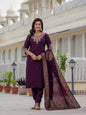 Sonakshi Women's Wine Premium Roman Silk Coding Embroidered Work Kurta Set With Dupatta