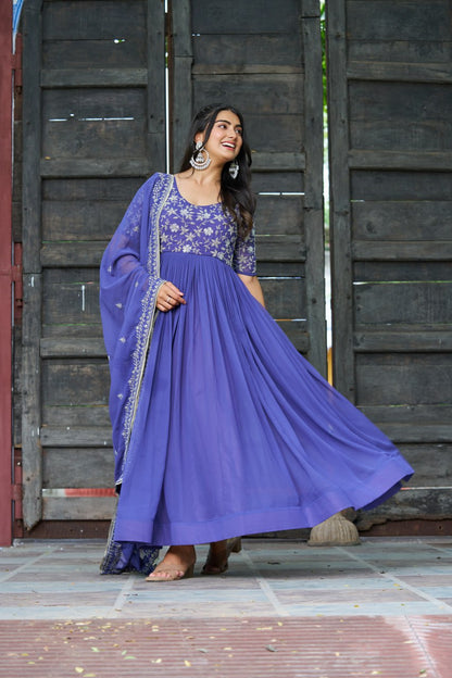 Sonakshi Women's Blue Faux Blooming With Sequins Multithreaded Beads Embroidered Anarkali Gown Set With Dupatta