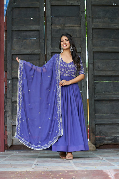 Sonakshi Women's Blue Faux Blooming With Sequins Multithreaded Beads Embroidered Anarkali Gown Set With Dupatta