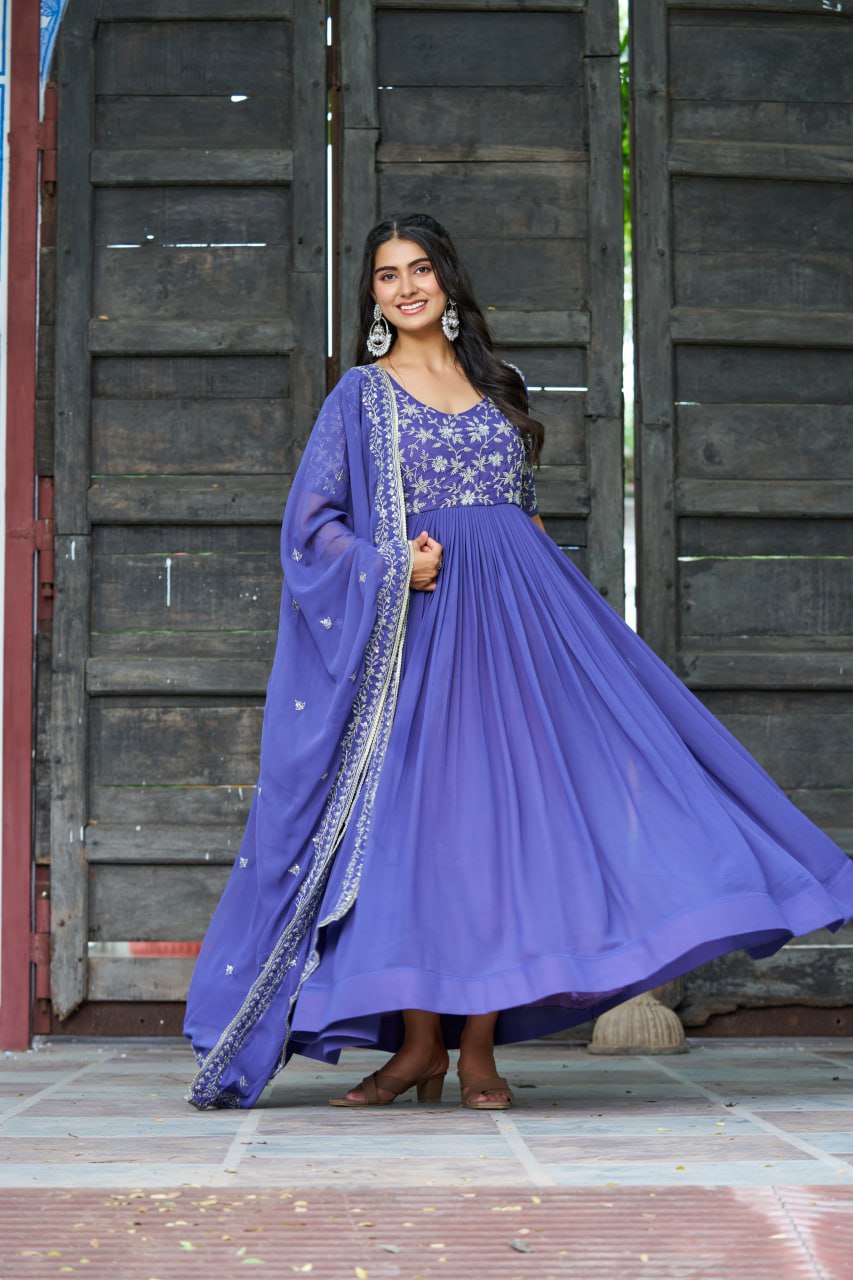 Sonakshi Women's Blue Faux Blooming With Sequins Multithreaded Beads Embroidered Anarkali Gown Set With Dupatta