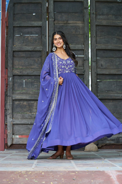 Sonakshi Women's Blue Faux Blooming With Sequins Multithreaded Beads Embroidered Anarkali Gown Set With Dupatta