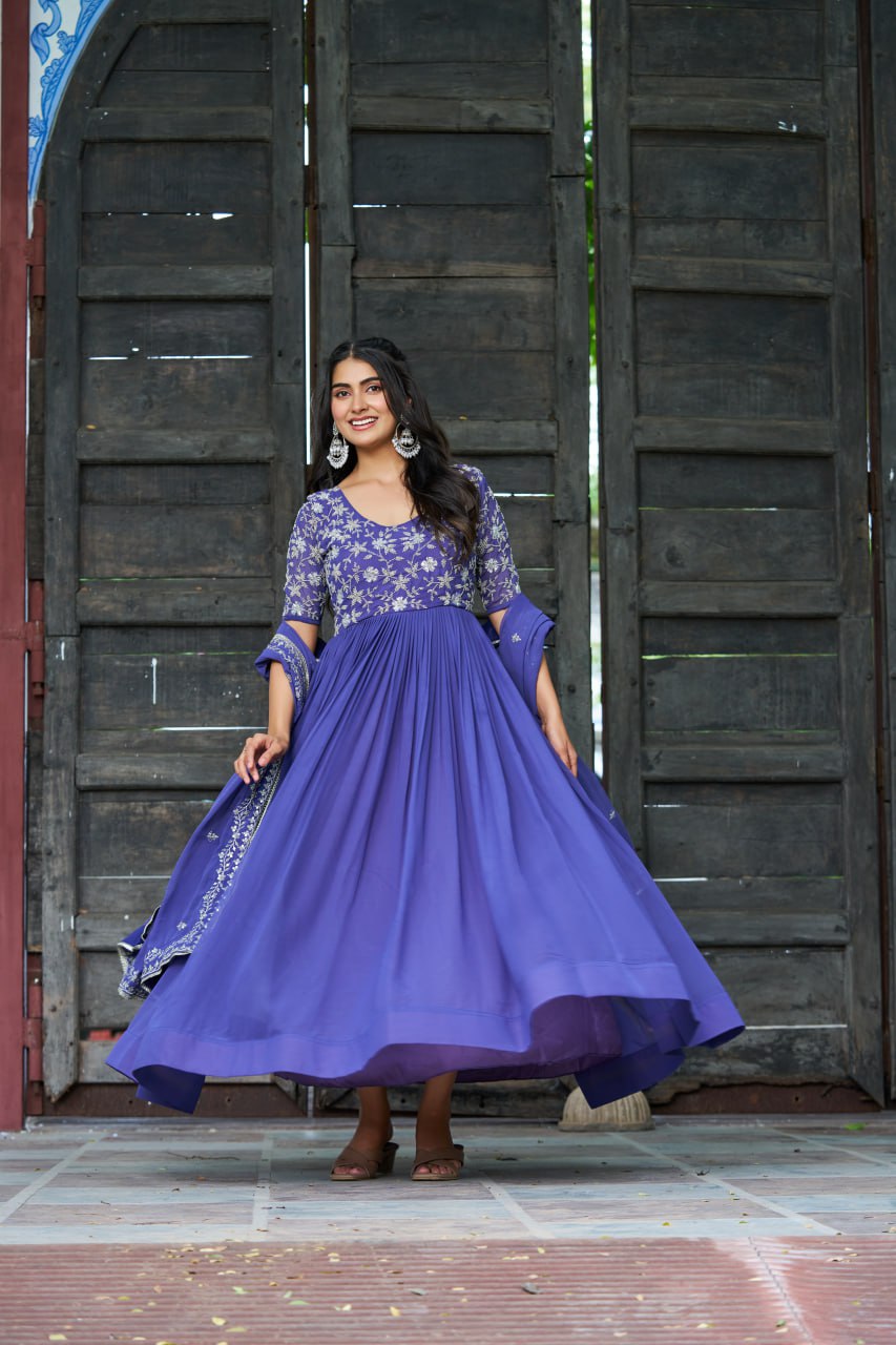 Sonakshi Women's Blue Faux Blooming With Sequins Multithreaded Beads Embroidered Anarkali Gown Set With Dupatta
