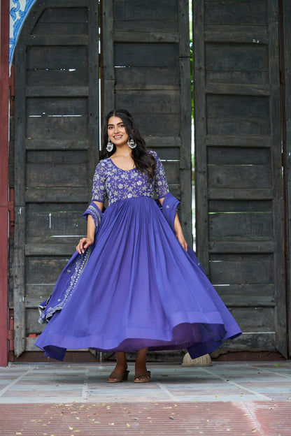 Sonakshi Women's Blue Faux Blooming With Sequins Multithreaded Beads Embroidered Anarkali Gown Set With Dupatta