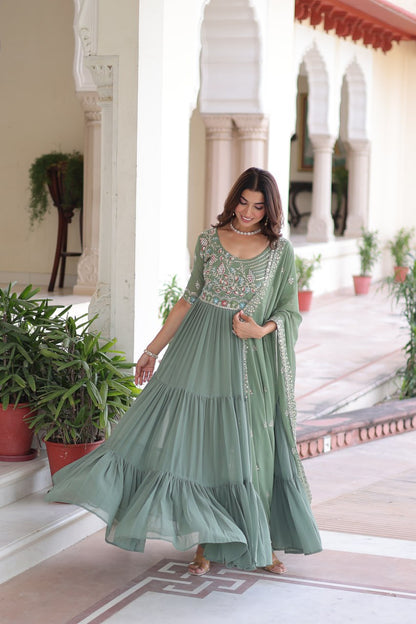 Sonakshi Women's Pista Faux Blooming With Sequins Multi Thread Beads Embroidered Work Anarkali Gown Set With Dupatta