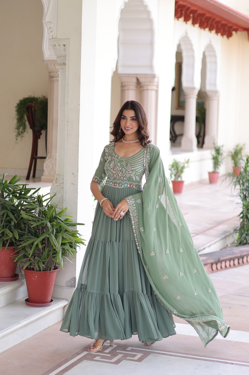 Sonakshi Women's Pista Faux Blooming With Sequins Multi Thread Beads Embroidered Work Anarkali Gown Set With Dupatta