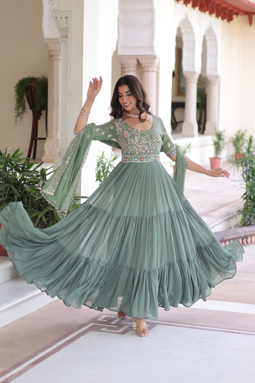 Sonakshi Women's Pista Faux Blooming With Sequins Multi Thread Beads Embroidered Work Anarkali Gown Set With Dupatta
