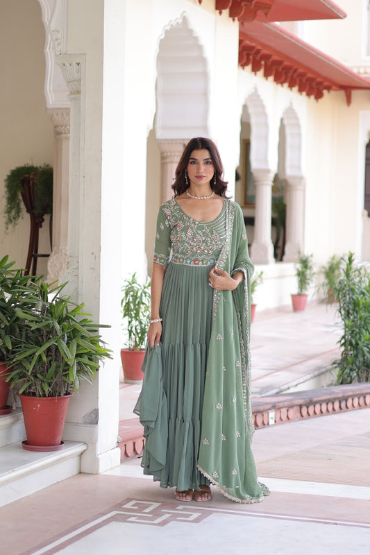Sonakshi Women's Pista Faux Blooming With Sequins Multi Thread Beads Embroidered Work Anarkali Gown Set With Dupatta