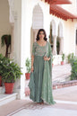 Sonakshi Women's Pista Faux Blooming With Sequins Multi Thread Beads Embroidered Work Anarkali Gown Set With Dupatta
