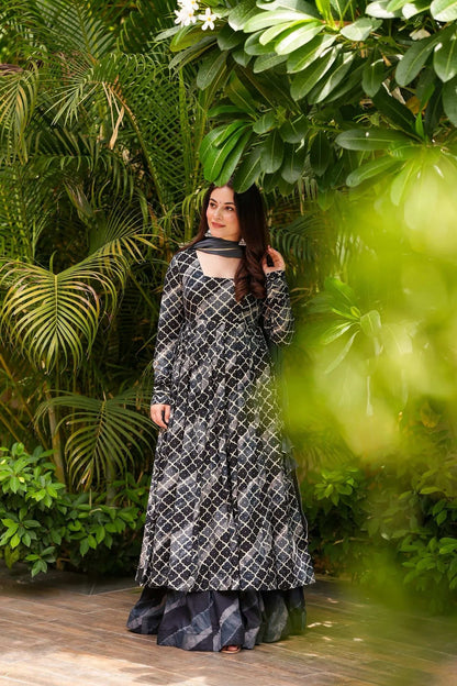 Sonakshi Women's Black Masleen With Heavy Digital Printed Anarkali Gown Set With Dupatta