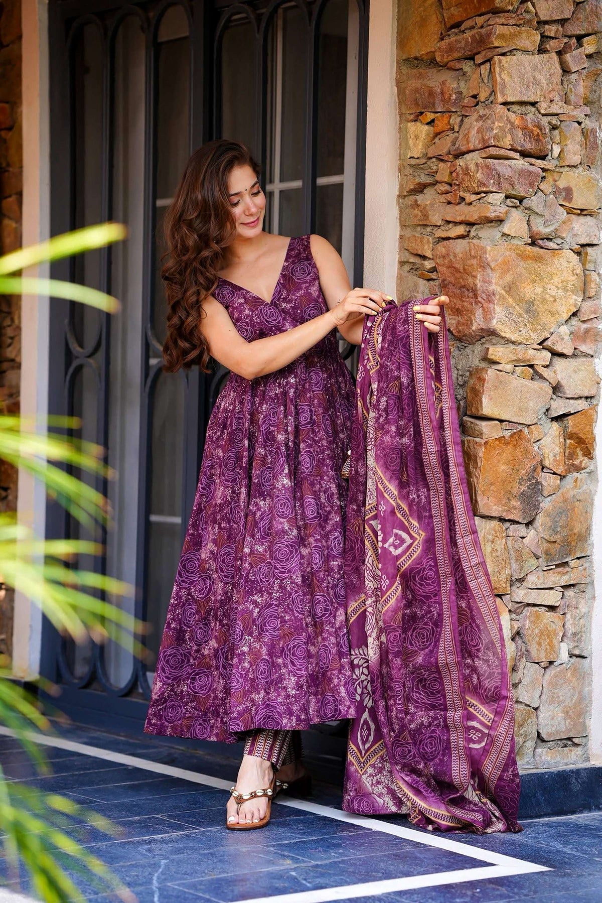 Sonakshi Women's Purple Masleen With Heavy Digital Printed Anarkali Gown Set With Dupatta