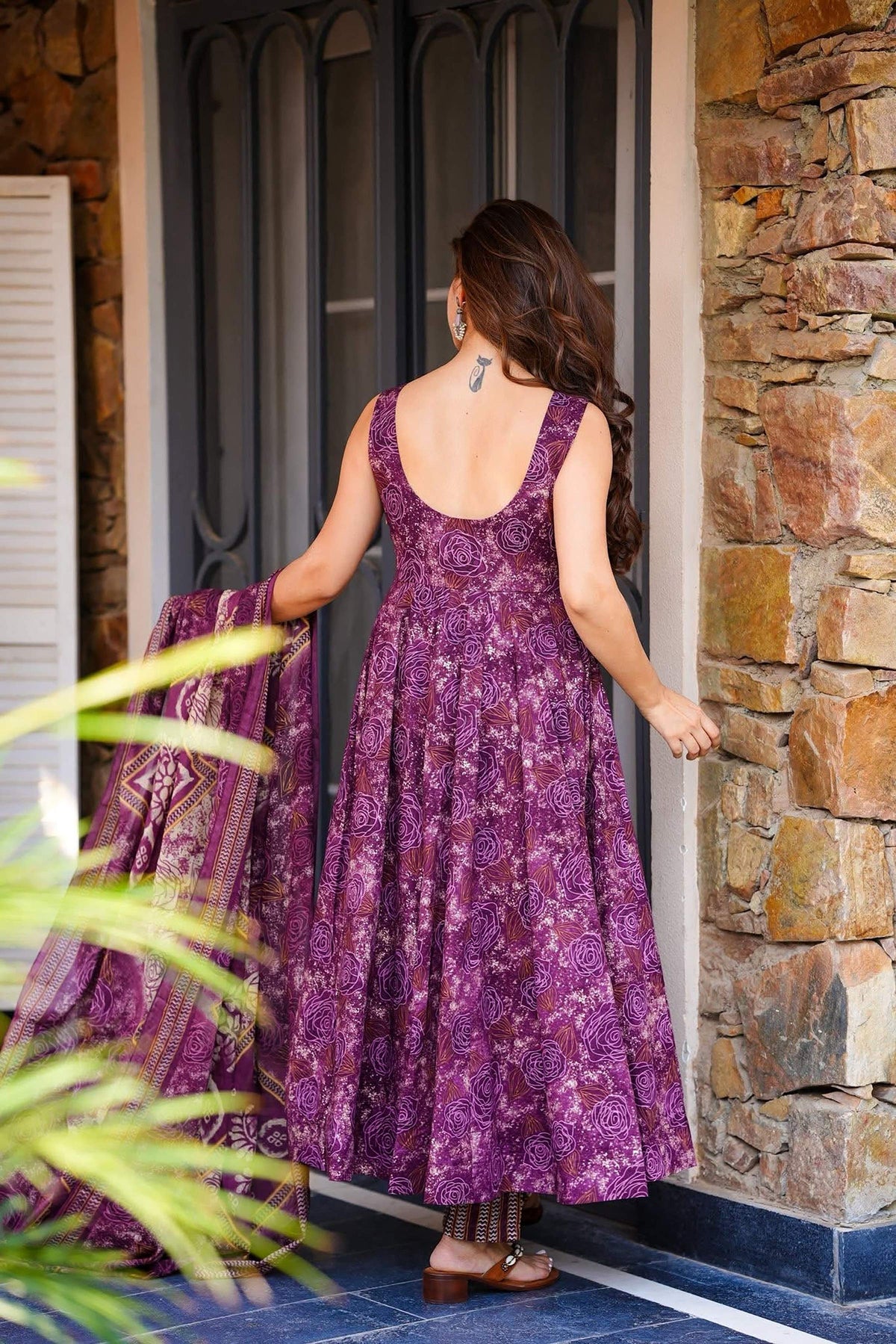 Sonakshi Women's Purple Masleen With Heavy Digital Printed Anarkali Gown Set With Dupatta