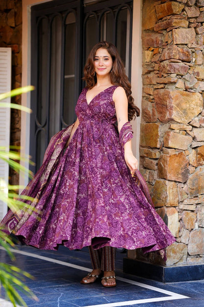 Sonakshi Women's Purple Masleen With Heavy Digital Printed Anarkali Gown Set With Dupatta