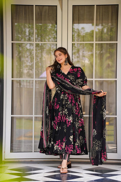 Sonakshi Women's Black Masleen With Heavy Digital Printed Anarkali Gown Set With Dupatta