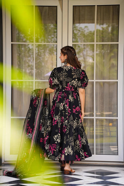 Sonakshi Women's Black Masleen With Heavy Digital Printed Anarkali Gown Set With Dupatta