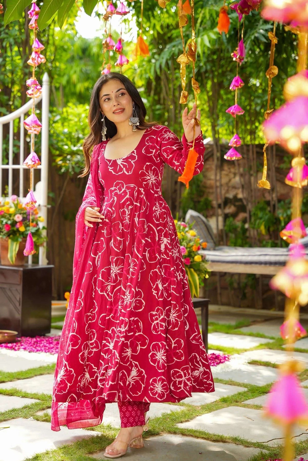 Sonakshi Women's Pink Masleen With Heavy Digital Printed Anarkali Gown Set With Dupatta