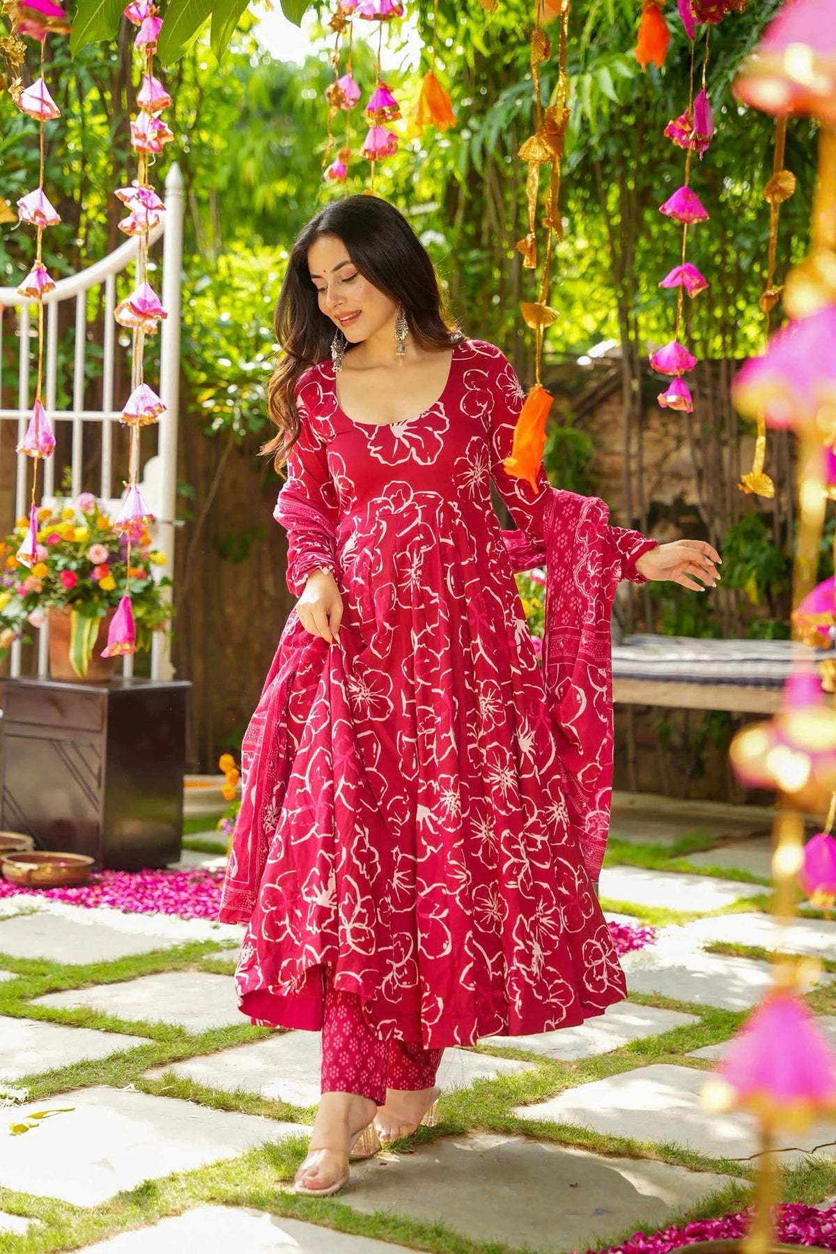 Sonakshi Women's Pink Masleen With Heavy Digital Printed Anarkali Gown Set With Dupatta