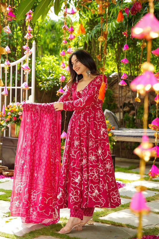 Sonakshi Women's Pink Masleen With Heavy Digital Printed Anarkali Gown Set With Dupatta