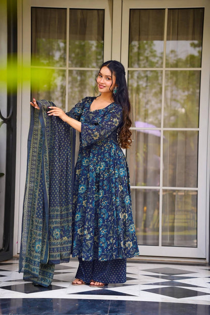 Sonakshi Women's Navy Masleen With Heavy Digital Printed Anarkali Gown Set With Dupatta