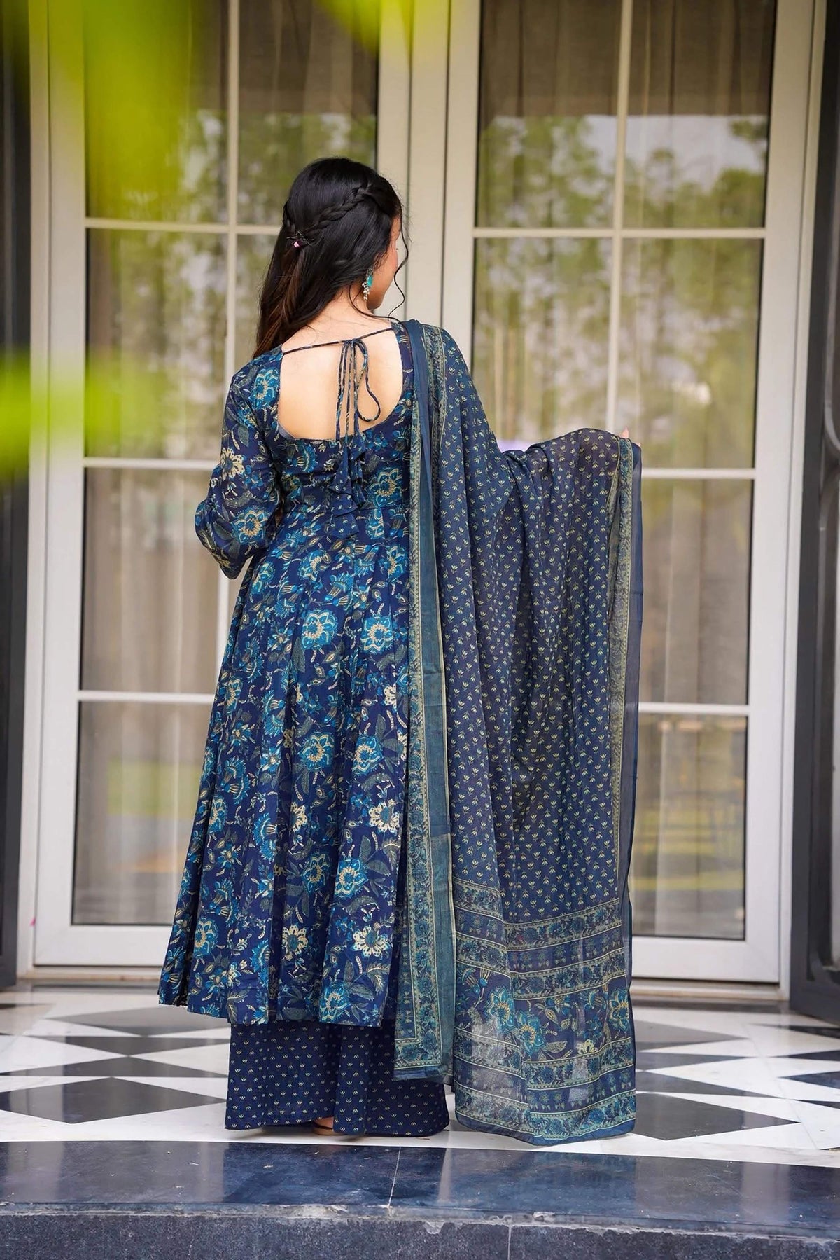 Sonakshi Women's Navy Masleen With Heavy Digital Printed Anarkali Gown Set With Dupatta