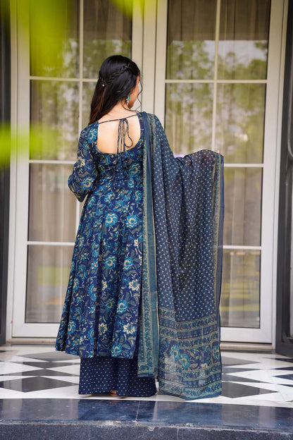 Sonakshi Women's Navy Masleen With Heavy Digital Printed Anarkali Gown Set With Dupatta