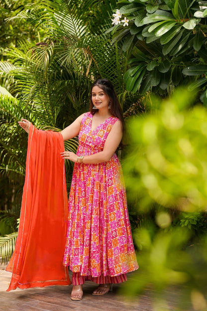 Sonakshi Women's Pink Masleen With Heavy Digital Printed Anarkali Gown Set With Dupatta