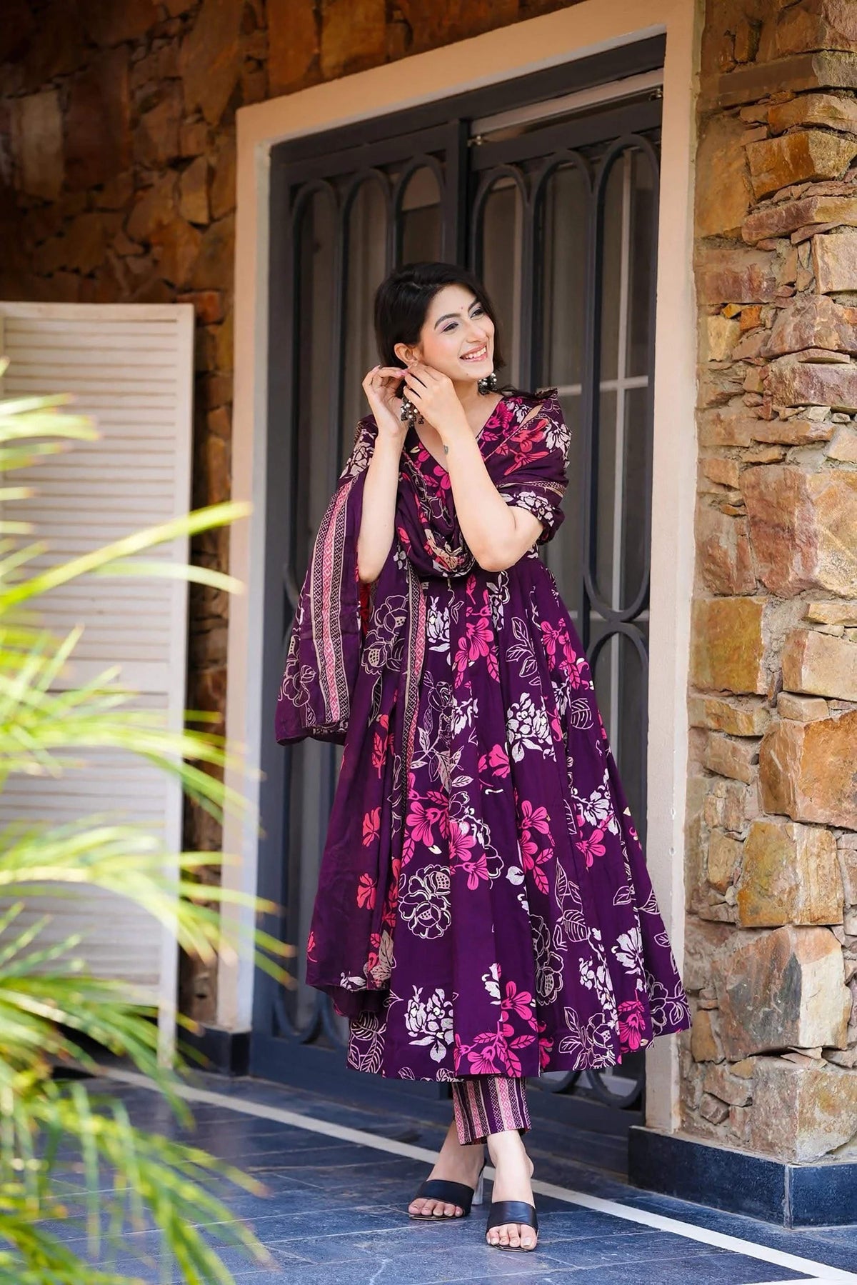 Sonakshi Women's Purple Masleen With Heavy Digital Printed Anarkali Gown Set With Dupatta