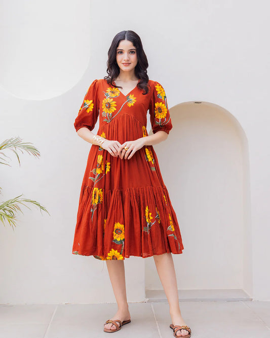 Sonakshi Women's Rust Kota Checks With Heavy Digital Printed Anarkali Gown Set
