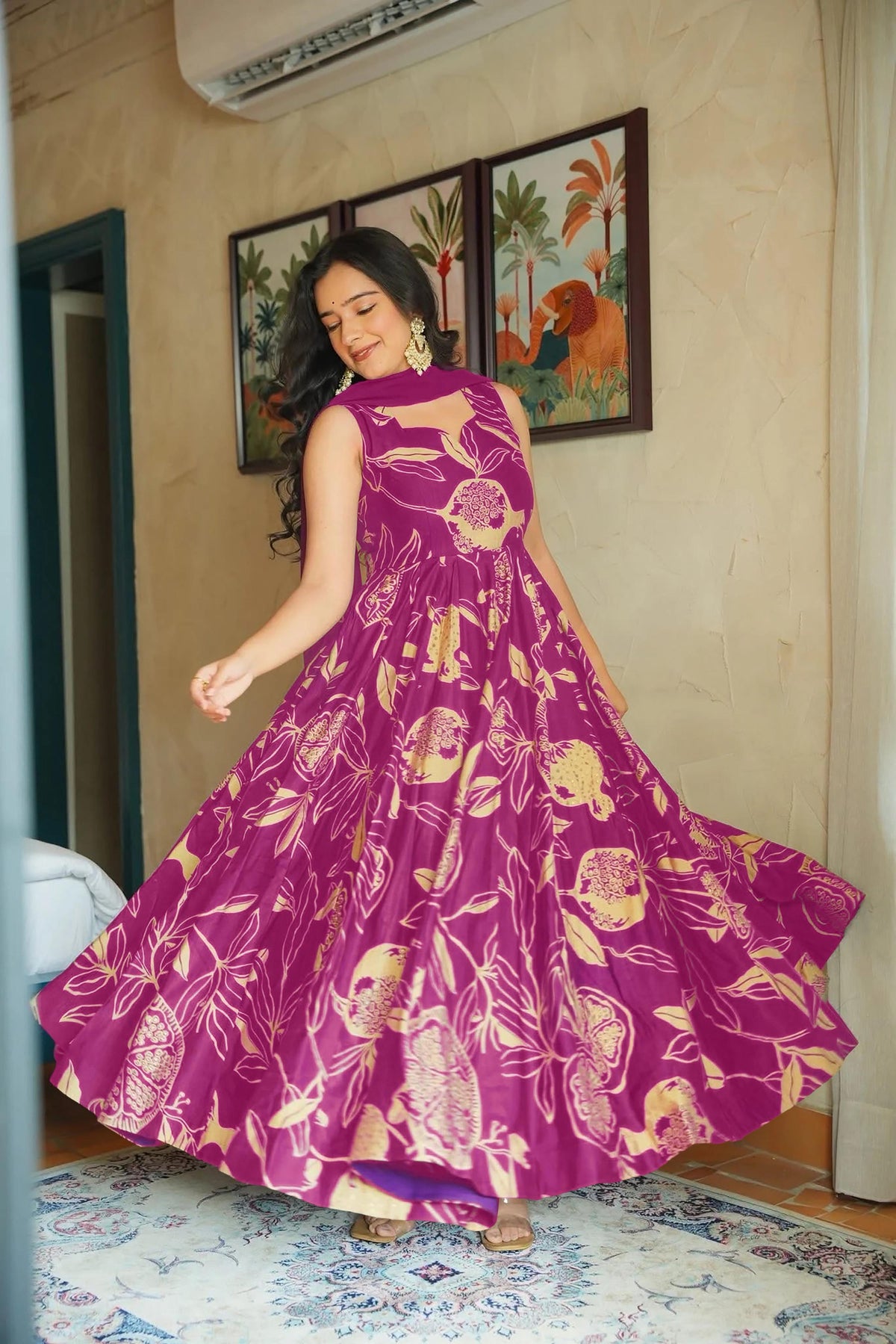 Sonakshi Women's Purple Heavy Rayon With Heavy Digital Printed Anarkali Gown Set With Dupatta