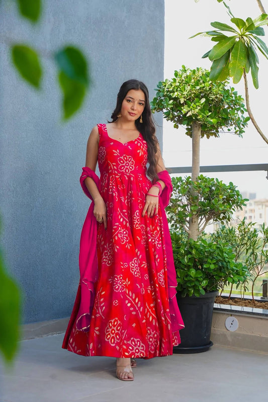Sonakshi Women's Pink Heavy Rayon With Heavy Digital Printed Anarkali Gown Set With Dupatta