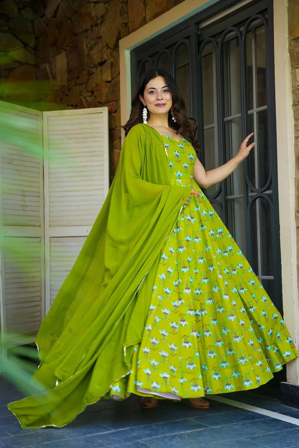 Sonakshi Women's Parrot Heavy Rayon With Heavy Digital Printed Anarkali Gown Set With Dupatta