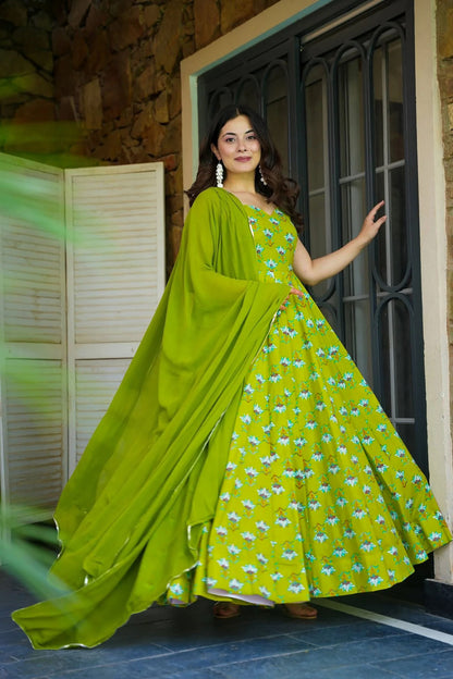 Sonakshi Women's Parrot Heavy Rayon With Heavy Digital Printed Anarkali Gown Set With Dupatta