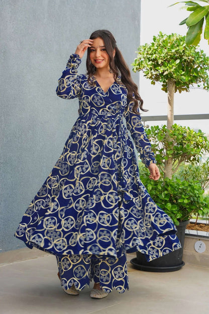 Sonakshi Women's Blue Heavy Rayon With Heavy Digital Printed Anarkali Gown Set