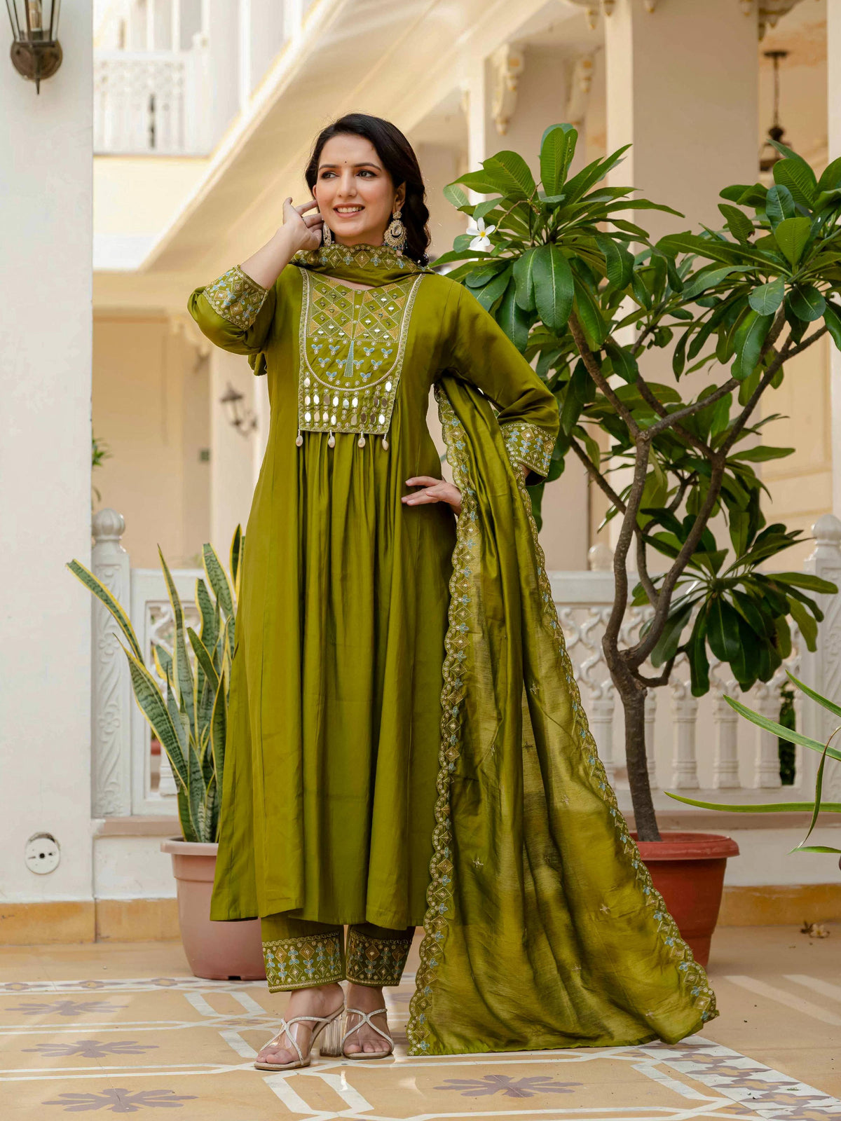 Sonakshi Women's Mehendi Viscose Roman Silk With Multi Thread Embroidered With Mirror Hand Work Anarkali Gown Set With Dupatta